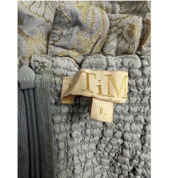 ByTimo A-Line Mini Dress Ruffled Hem Strapless Floral Brocade Blue Gold L NWOT - Picture 7 of 8